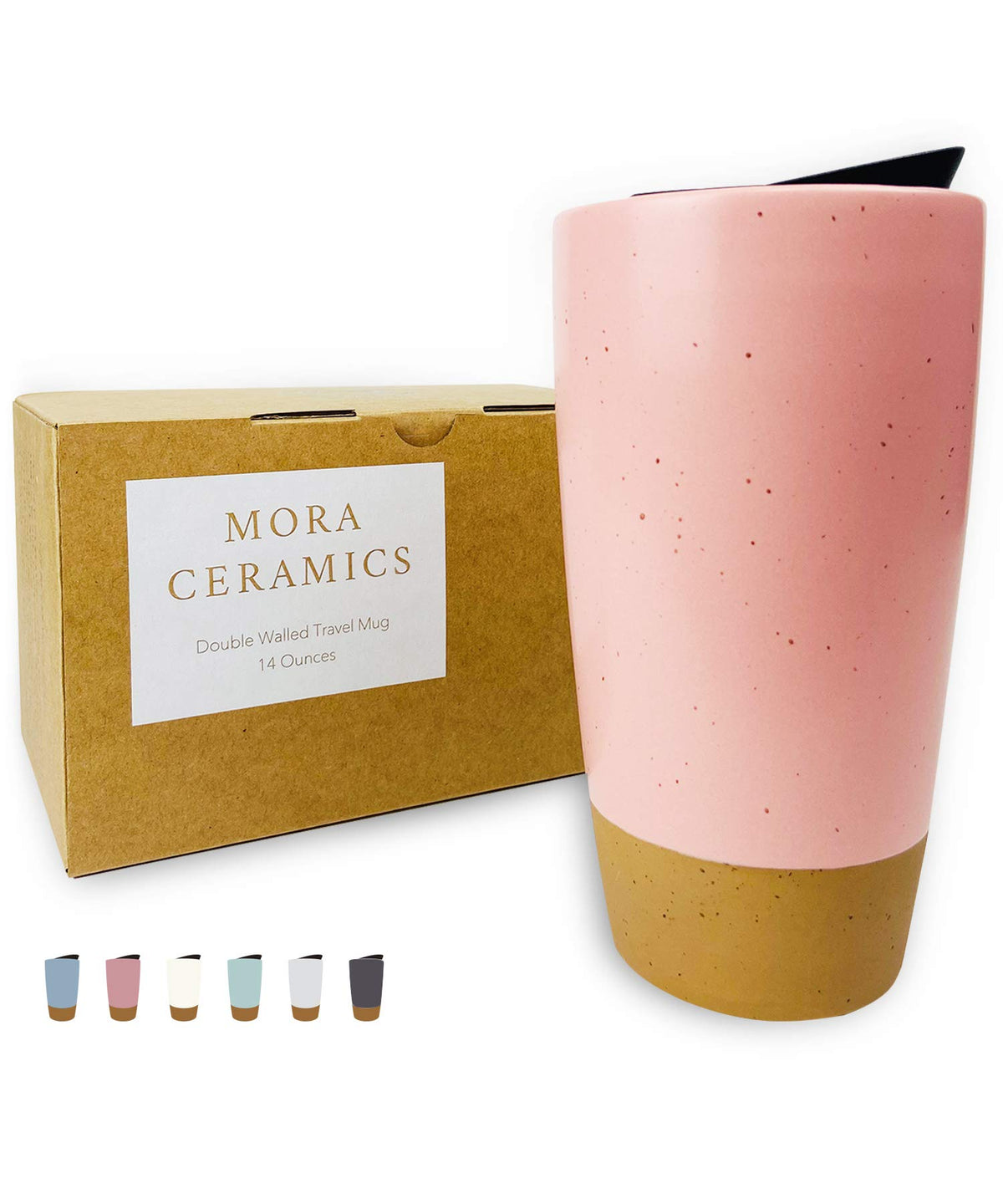 Mora Double Wall Ceramic Coffee Travel Mug with Lid, 14 oz, Portable, Microwave, Dishwasher Safe, Insulated Reusable Tall Cup, Splash Resistant Lid - To Go Tumbler for Car Cup Holder, Nightwaves