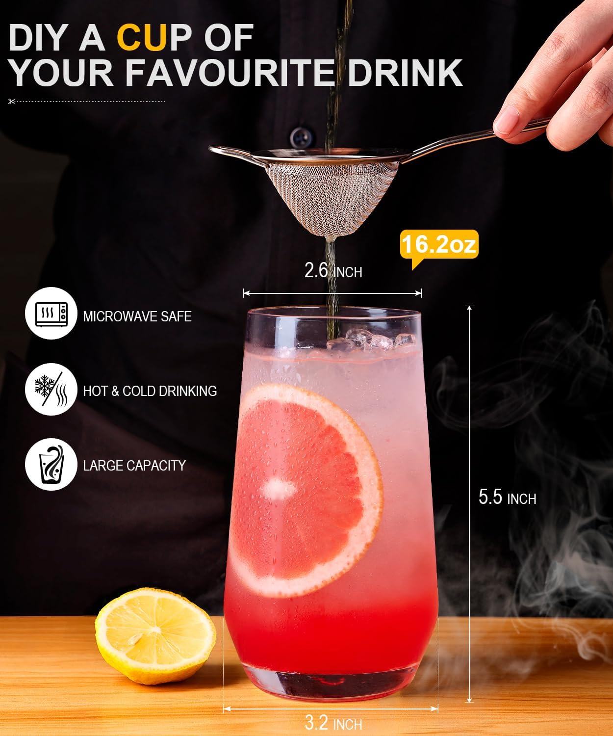 Drinking Water Glass Cups Set,Crystal Clear tall Glass cups set of 8,16.2oz | Unique Design Highball Clear Glassware for Cocktail Parties, Family Dinners Glass Cups