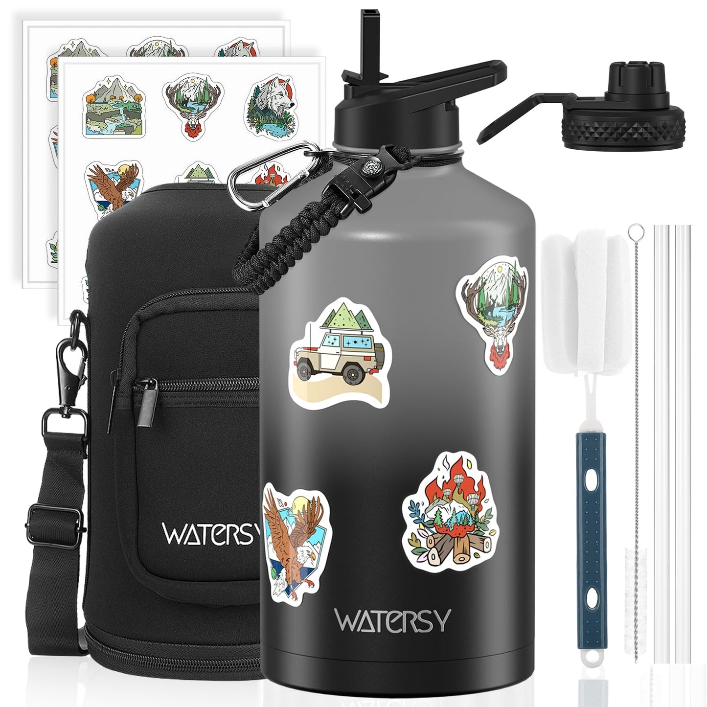 64oz Insulated Water Bottle (Cold for 48 Hrs),BPA Free&Leak Proof,Half Gallon Stainless Steel Water Flask,Water Jug with Straw Spout Lids for Gym,Hiking,Camping,Black Blue