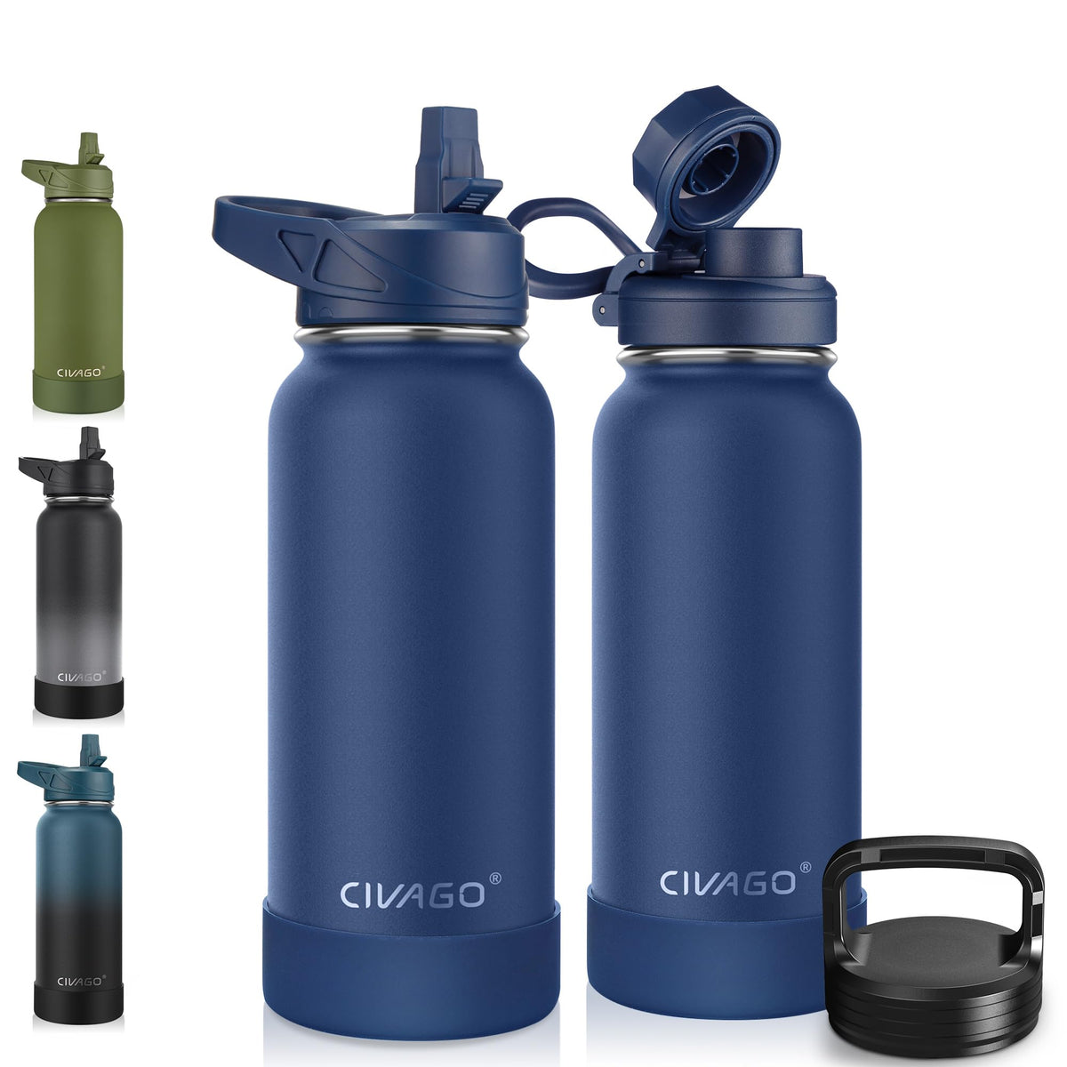 CIVAGO 40 oz Insulated Stainless Steel Water Bottle With Straw and 3 Lids | Large Metal Sports Water Jug, Leakproof Reusable Wide Mouth Thermal Flask Cup with Silicone Boot, BPA-Free, Midnight Black