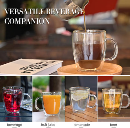 YUNCANG Double Wall Coffee Mugs, (4-Pcak) 16 Ounces-Clear Glass Cups with Handle,lnsulated,Cappuccino,Tea,Latte Cups,Beverage Glasses Heat Resistant