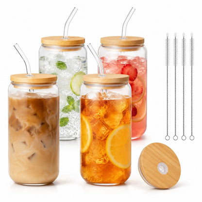 Glass Cups with Lids and Straws 1 Pack, 16 oz Glass Coffee Cup with Bamboo Lid, Glass Straw and Cleaning Brush, Iced Coffee Cup for Matcha, Soda, Tea and Daily Drinks