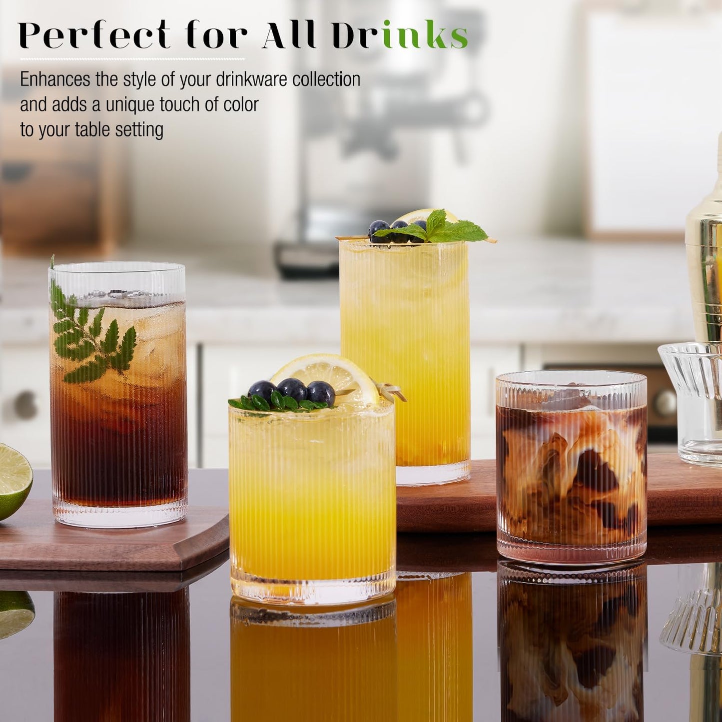 Ribbed Drinking Glasses Cups Set of 8 Large Capacity Highball 17oz&12oz | Rocks Cocktail Glasses Ideal for Beer, Juice, Water, Ice Coffee Cup, Whiskey, Mixed Drinkware
