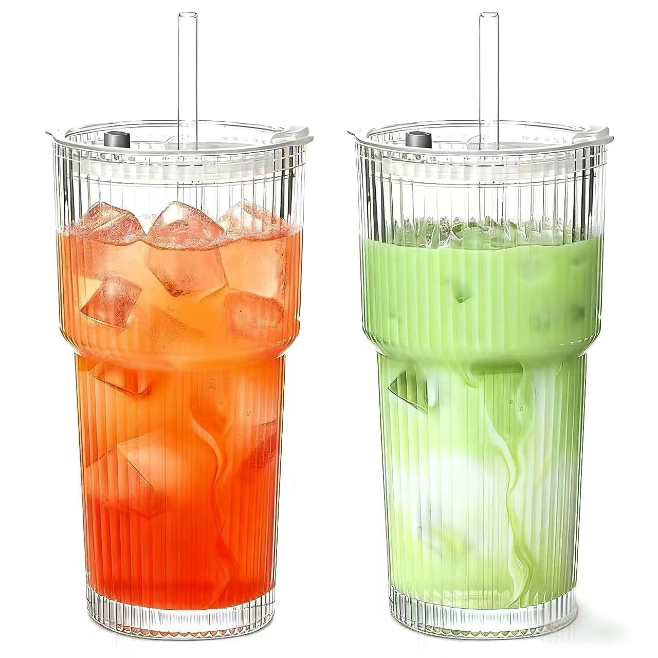 20 oz Glass Tumblers, Iced Coffee Cups with Lids and Glass Straws, Thickened Wall Ribbed Glass Cups, Ideal for Smoothies, Cocktails, and Juices – Vintage and Durable Drinkware – 1 Pack