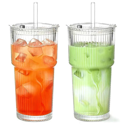20 oz Glass Tumblers, Iced Coffee Cups with Lids and Glass Straws, Thickened Wall Ribbed Glass Cups, Ideal for Smoothies, Cocktails, and Juices – Vintage and Durable Drinkware – 1 Pack