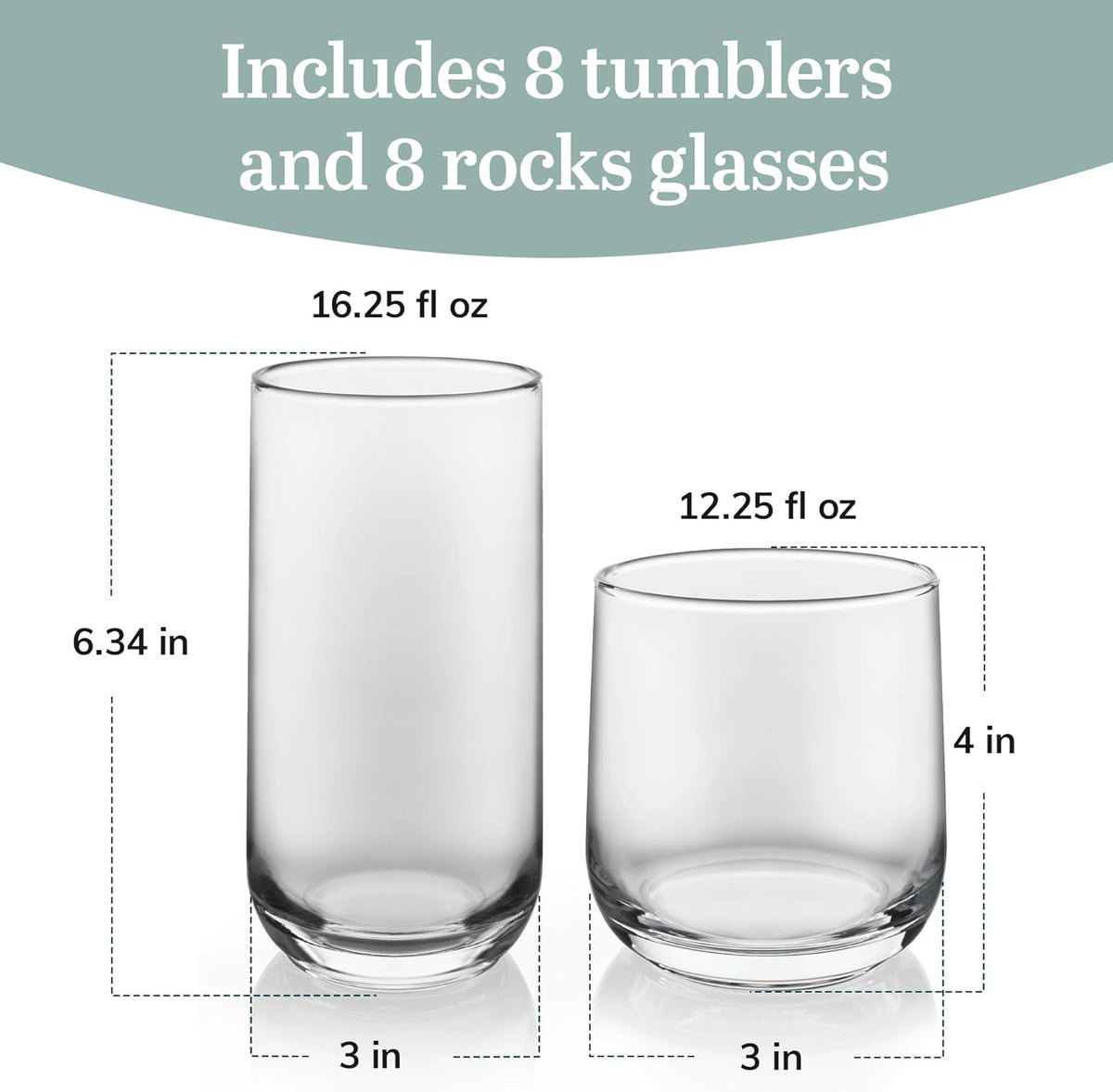 Libbey Ascent Tumbler & Rocks Drinking Glasses Set of 16, Clear Glass Cups | 16.25 oz & 12.25 oz Capacities Glasses for Water, Juice, Cocktails, and More with Curved Design and Dishwasher-Safe Care