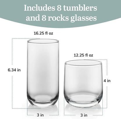 Libbey Ascent Tumbler & Rocks Drinking Glasses Set of 16, Clear Glass Cups | 16.25 oz & 12.25 oz Capacities Glasses for Water, Juice, Cocktails, and More with Curved Design and Dishwasher-Safe Care