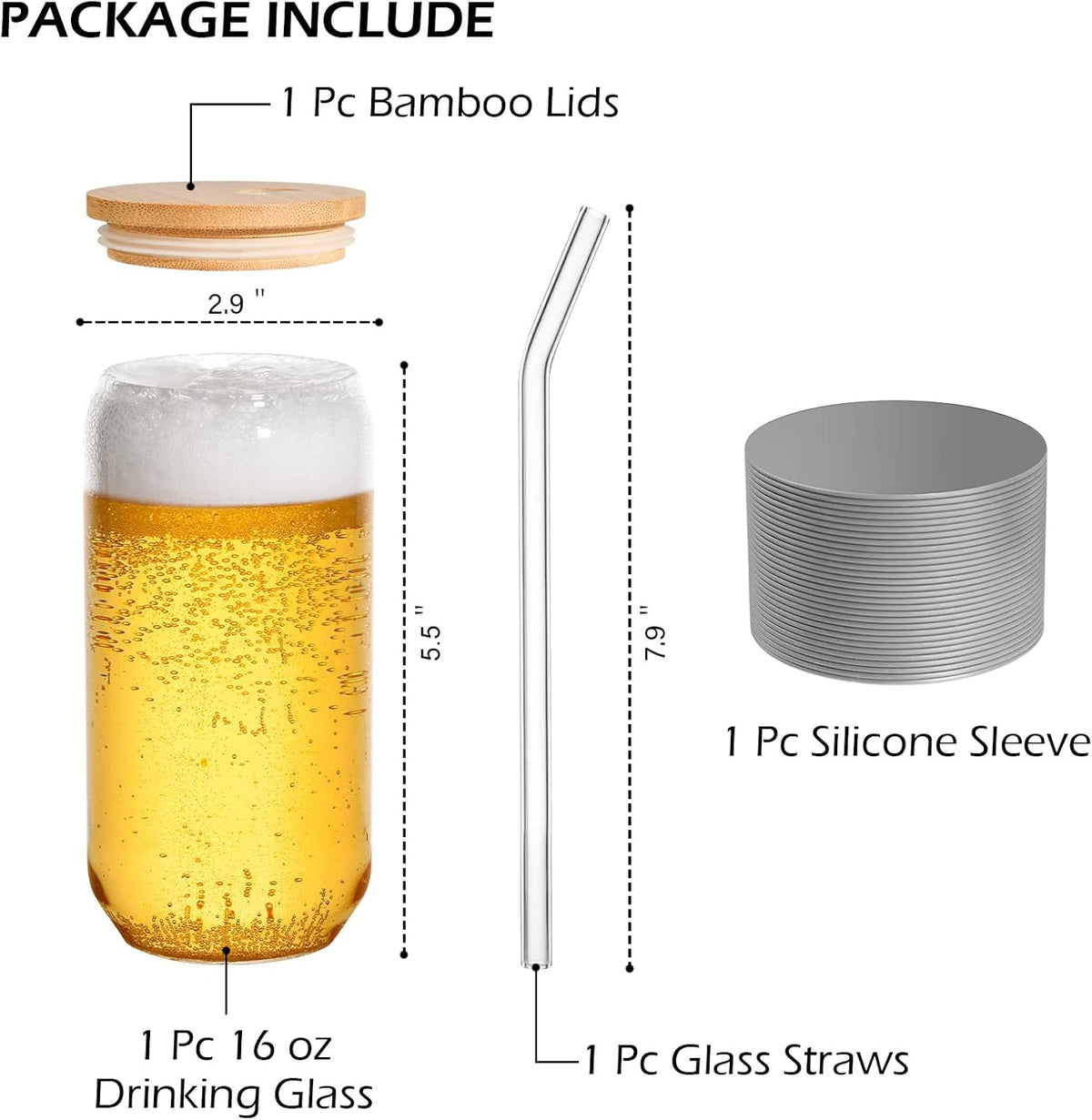 Drinking Glasses with Lid, Straw, 16oz Glass Cup Iced Coffee Tumblers, 1 Pc | Sleeve, Can Shaped, High Borosilicate Glass Drinking Set, Hot/Cold Beverages, for Beer, Tea, Juice, Gift, Bar Accessories