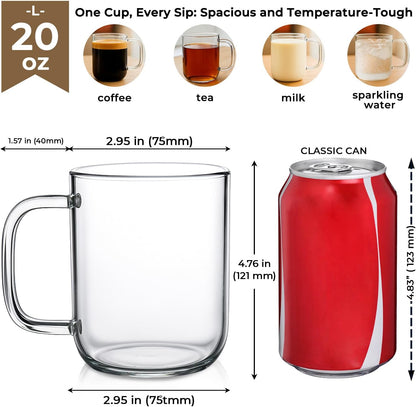 Aquach 20oz Glass Coffee Mugs Set of 2, Clear Borosilicate Cups with Handle | Dishwasher/Microwave Safe, Borosilicate Glass, Single-walled, Smooth Rim, Handle Comfort, Large Capacity