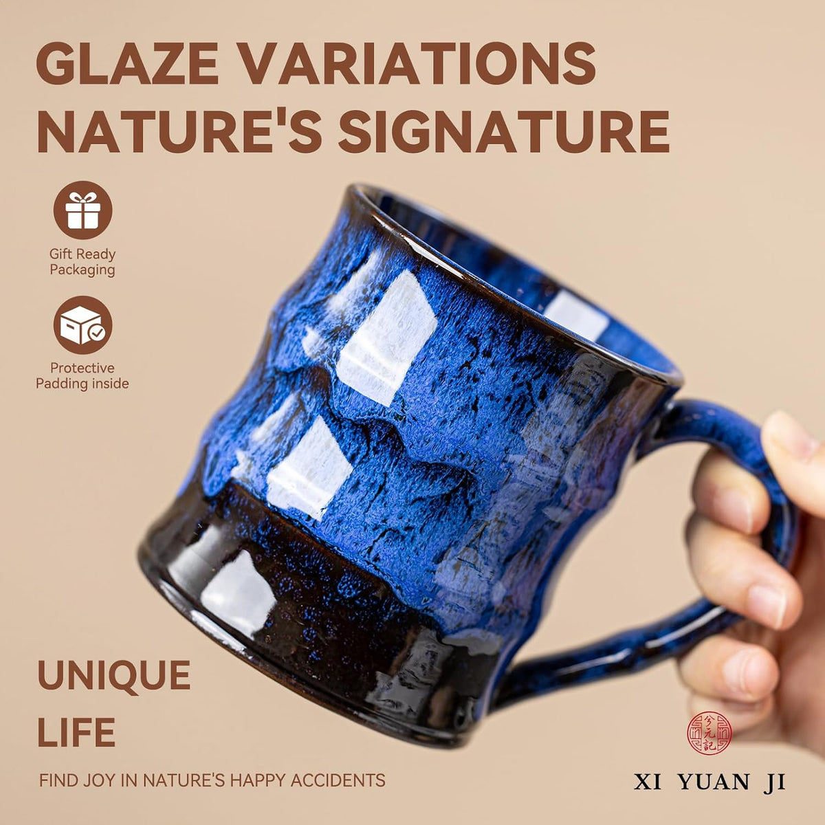 Midnight Blue Ceramic Coffee Mug 15oz - Handcrafted Artisan Mug with Large Handle for Comfort, Unique Birthday Gift for Him/Her, Office Desk Essential, Safe for Dishwasher