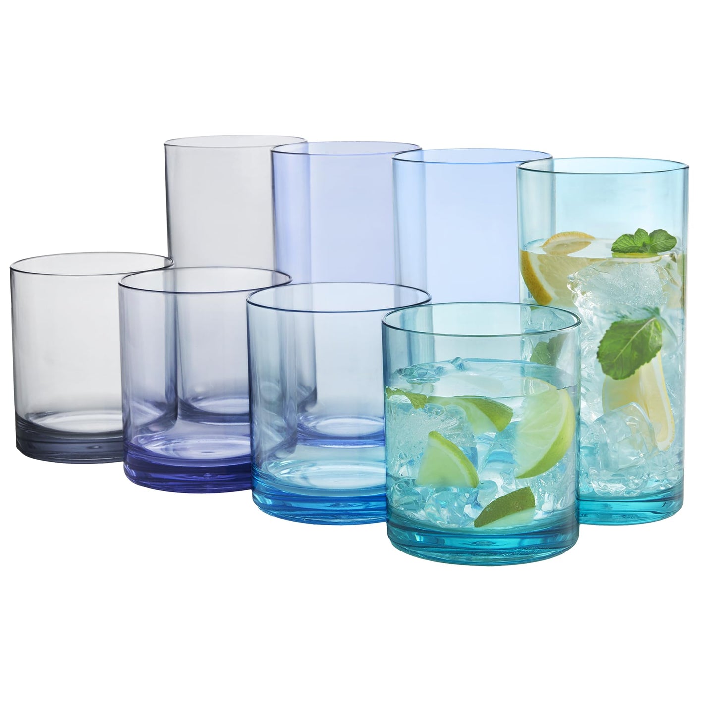 US Acrylic Classic Clear Plastic Reusable Drinking Glasses (Set of 8) 12oz Rocks & 16oz Water Cups | BPA-Free Tumblers, Made in USA | Top-Rack Dishwasher Safe