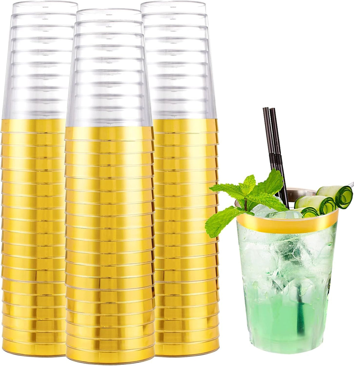 I00000 200 Pack Gold Plastic Cups, 9 Oz Elegant Clear Plastic Cups Gold Rimmed Disposable Wine Glasses Fancy Disposable Party Cup Wedding Cup Drinking Tumblers Cocktail Glasses Perfect for Party