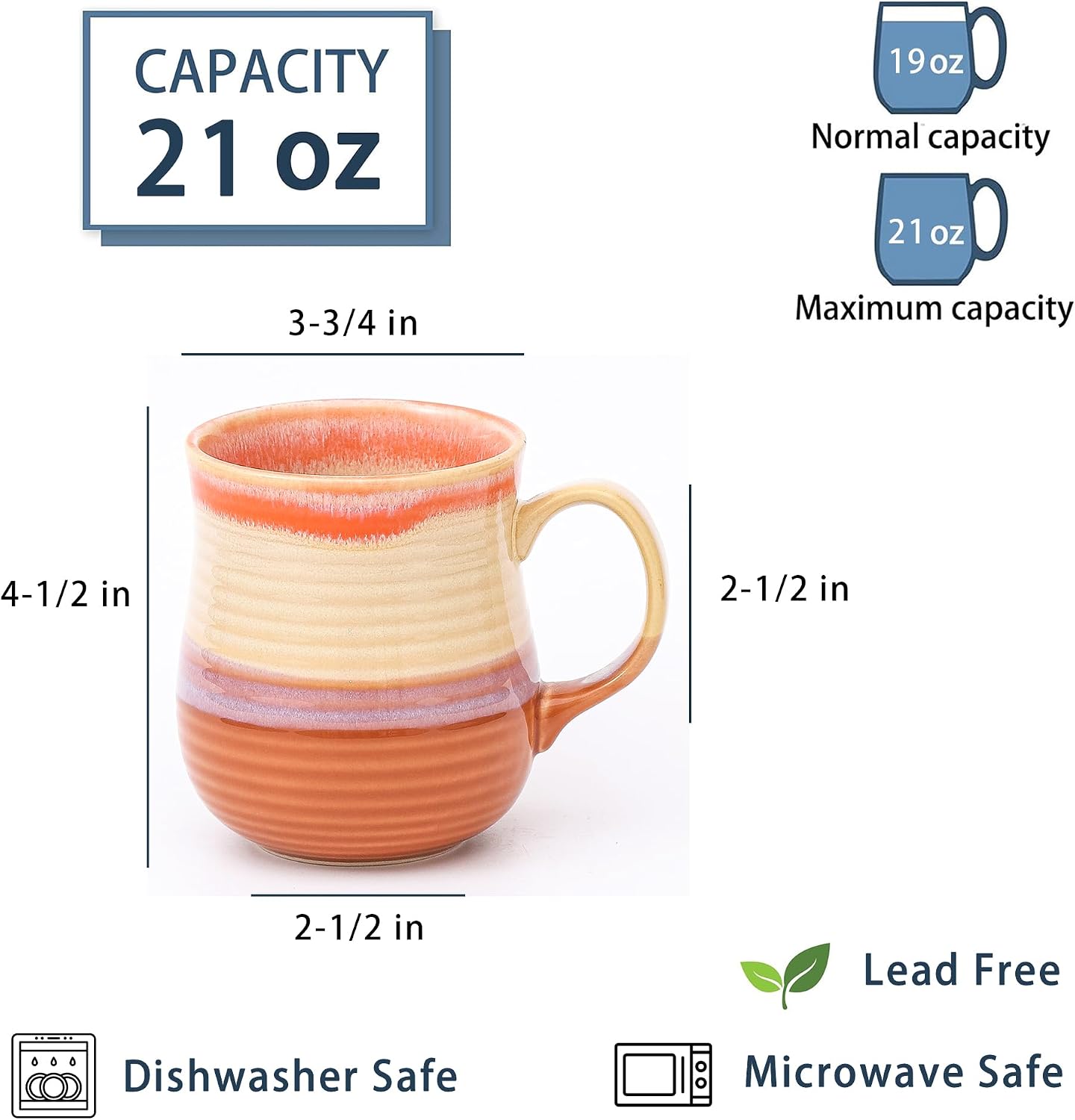 21 oz Large Ceramic Coffee Mugs, Handmade Tea Cups with Handle | Pottery Mug Handmade for Office and Home, for Men and Women, Dishwasher and Microwave Safe, Great Gift, Orange