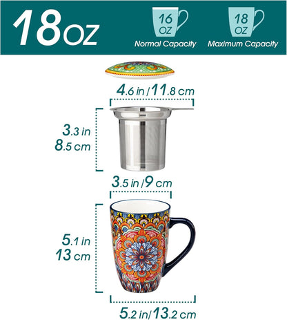 vancasso Ceramic Tea Mug with Infuser and Lid, 18 Ounce Bohemian Loose Leaf Cup, Microwave & Dishwasher Safe, Perfect for Tea, Coffee, Burnt-Cobalt Mandala