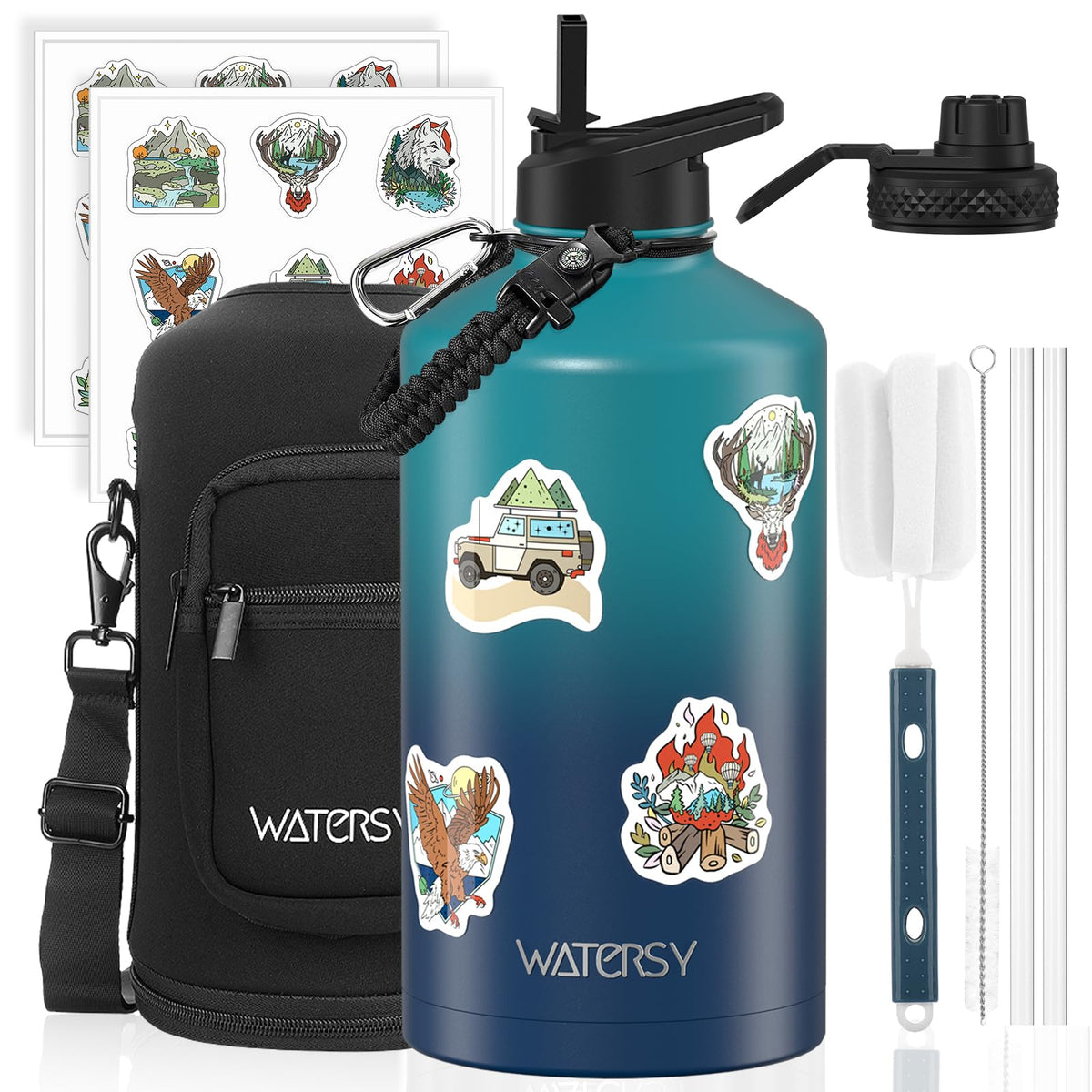 64oz Insulated Water Bottle (Cold for 48 Hrs),BPA Free&Leak Proof,Half Gallon Stainless Steel Water Flask,Water Jug with Straw Spout Lids for Gym,Hiking,Camping,Black Blue