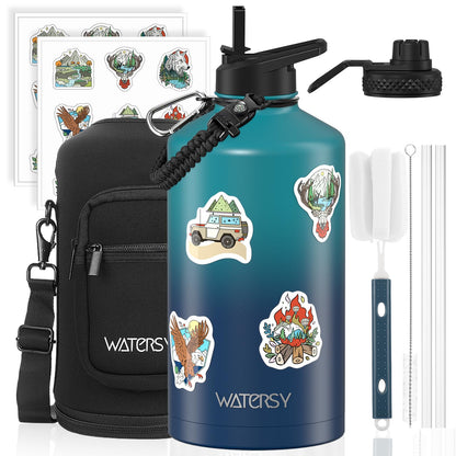64oz Insulated Water Bottle (Cold for 48 Hrs),BPA Free&Leak Proof,Half Gallon Stainless Steel Water Flask,Water Jug with Straw Spout Lids for Gym,Hiking,Camping,Black Blue