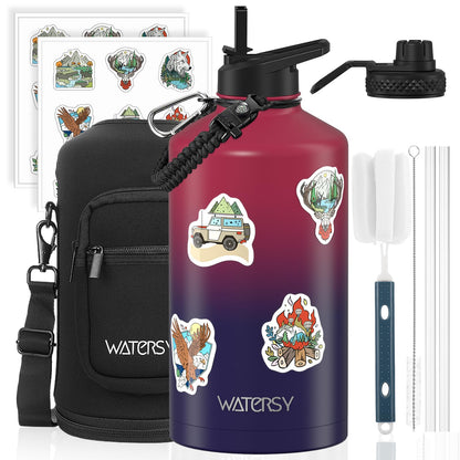 64oz Insulated Water Bottle (Cold for 48 Hrs),BPA Free&Leak Proof,Half Gallon Stainless Steel Water Flask,Water Jug with Straw Spout Lids for Gym,Hiking,Camping,Black Blue