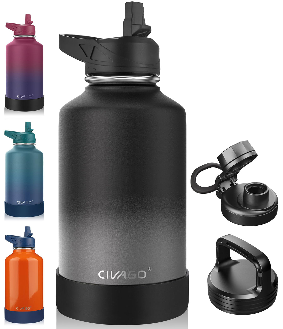 CIVAGO 40 oz Insulated Stainless Steel Water Bottle With Straw and 3 Lids | Large Metal Sports Water Jug, Leakproof Reusable Wide Mouth Thermal Flask Cup with Silicone Boot, BPA-Free, Midnight Black
