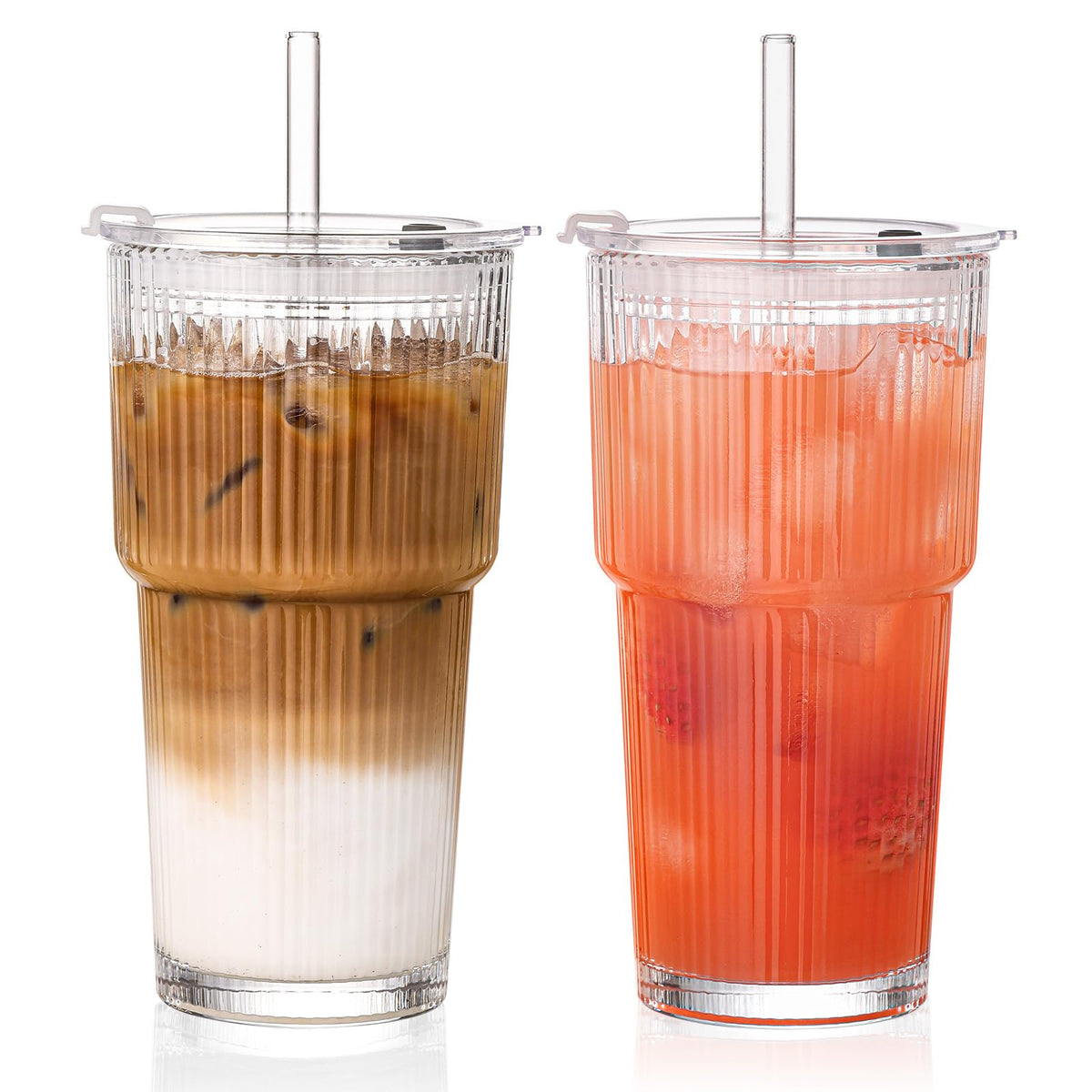 20oz Iced Coffee Cups with Lids, Ribbed Glass Cups with Lids and Straws | Thick Reusable Glass, Leak-Resistant Lids, Fits Most Car Cup Holders, For Iced Coffee, Tea, Smoothies and Cold Drinks
