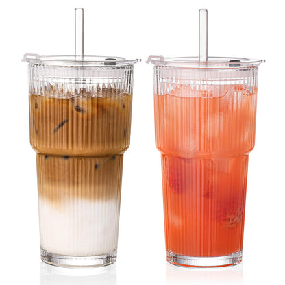 20oz Iced Coffee Cups with Lids, Ribbed Glass Cups with Lids and Straws | Thick Reusable Glass, Leak-Resistant Lids, Fits Most Car Cup Holders, For Iced Coffee, Tea, Smoothies and Cold Drinks
