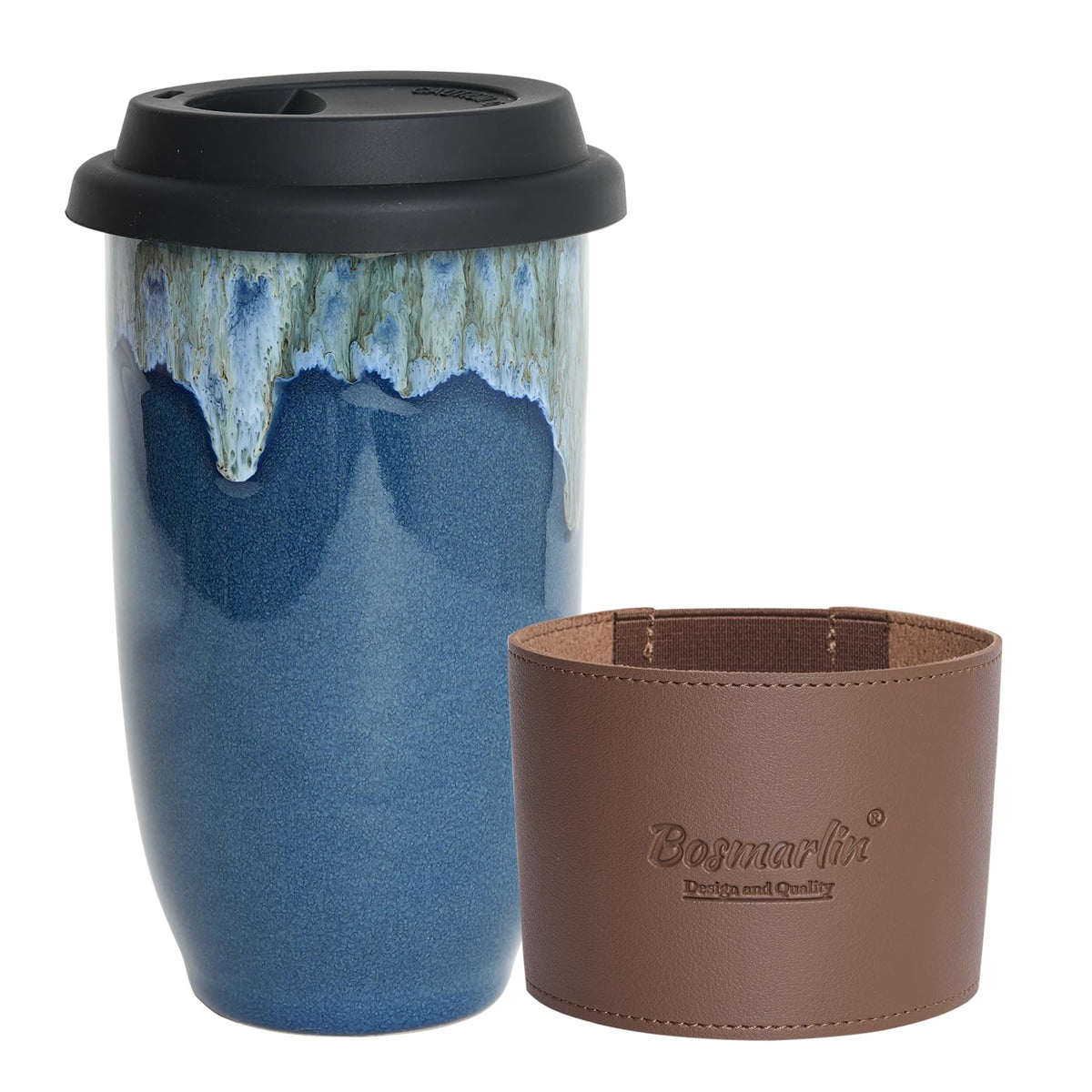 Bosmarlin Ceramic Travel Coffee Cup with Lid, 16 Oz, Portable Coffee Mug for Car Cup Holder, Microwave and Dishwasher Safe, Reactive Glaze (Deep BLue, 16 Oz)