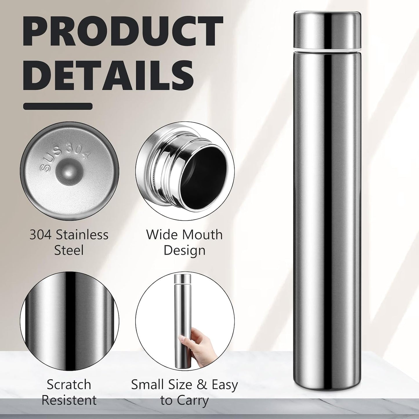 Vesici 4 Pack Silver Slim Stainless Steel Insulated Water Bottle