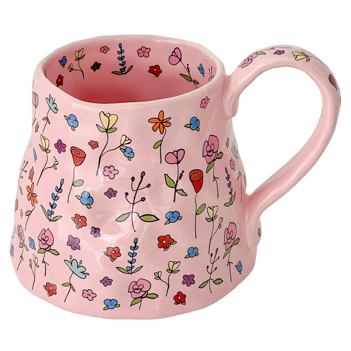 Large Ceramic Coffee Mug Cute Flower with Handmade Big Handle, 20oz Girly Pink Floral Tea Cup for Women Mothers Day, Novelty Irregular Oversized Christmas Mugs for Latte Tea Milk Cocoa