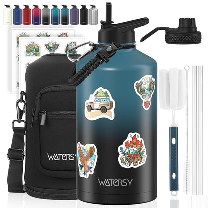 64oz Insulated Water Bottle (Cold for 48 Hrs),BPA Free&Leak Proof,Half Gallon Stainless Steel Water Flask,Water Jug with Straw Spout Lids for Gym,Hiking,Camping,Black Blue