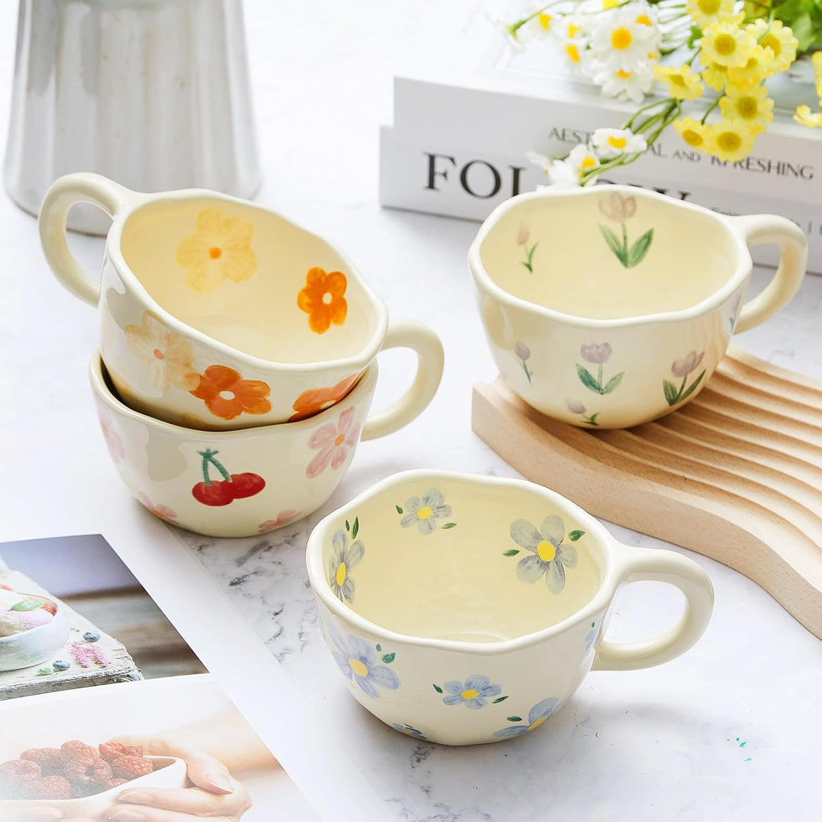 Vesici 4 Pack Ceramic Flower Coffee Mug with Spoon 8.5 oz, Cute Aesthetic Tea Cups with Handle for Tea, Milk, Latte Mugs for Coffee Bar Women Birthday Housewarming Gifts, Dishwasher Microwave Safe