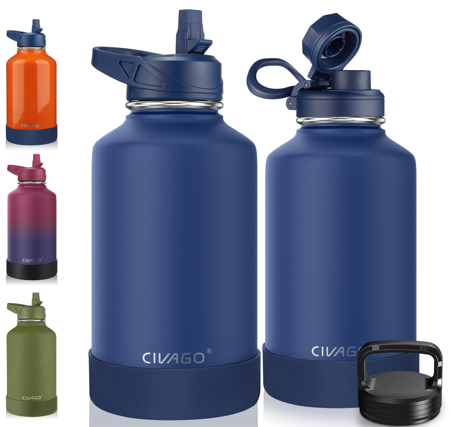 CIVAGO 40 oz Insulated Stainless Steel Water Bottle With Straw and 3 Lids | Large Metal Sports Water Jug, Leakproof Reusable Wide Mouth Thermal Flask Cup with Silicone Boot, BPA-Free, Midnight Black