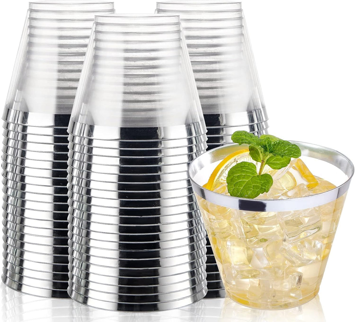 I00000 200 Pack Gold Plastic Cups, 9 Oz Elegant Clear Plastic Cups Gold Rimmed Disposable Wine Glasses Fancy Disposable Party Cup Wedding Cup Drinking Tumblers Cocktail Glasses Perfect for Party