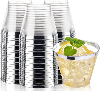 I00000 200 Pack Gold Plastic Cups, 9 Oz Elegant Clear Plastic Cups Gold Rimmed Disposable Wine Glasses Fancy Disposable Party Cup Wedding Cup Drinking Tumblers Cocktail Glasses Perfect for Party