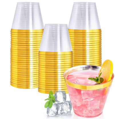 I00000 200 Pack Gold Plastic Cups, 9 Oz Elegant Clear Plastic Cups Gold Rimmed Disposable Wine Glasses Fancy Disposable Party Cup Wedding Cup Drinking Tumblers Cocktail Glasses Perfect for Party