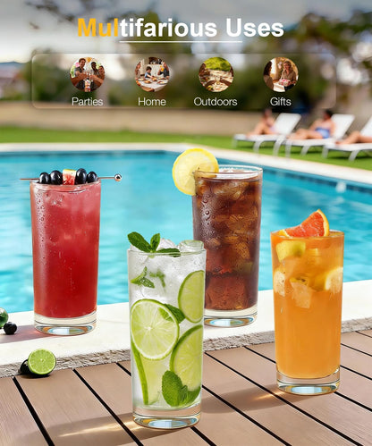 Drinking Water Glass Cups Set,Crystal Highball Glasses cups set of 8,16oz | Wide Mouth Design Tall Glassware for Cocktail Parties, Family Dinners