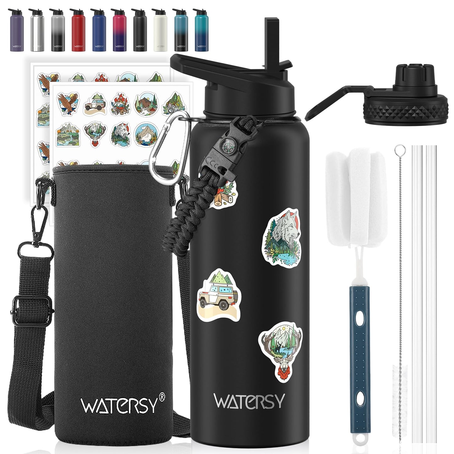 64oz Insulated Water Bottle (Cold for 48 Hrs),BPA Free&Leak Proof,Half Gallon Stainless Steel Water Flask,Water Jug with Straw Spout Lids for Gym,Hiking,Camping,Black Blue