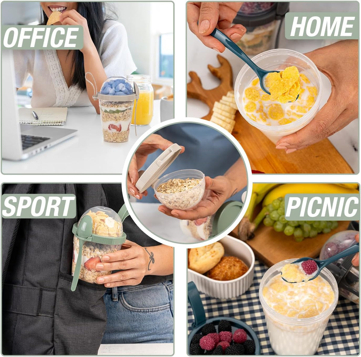 4 Pack On The Go Cereal Yogurt Cups with Lids and Spoon, 20 oz Reusable Parfait Plastic Milk Breakfast Crunch Granola Oatmeal Smoothie Snack Prep Bowl (4 Colors Set With Handle, 20 oz)
