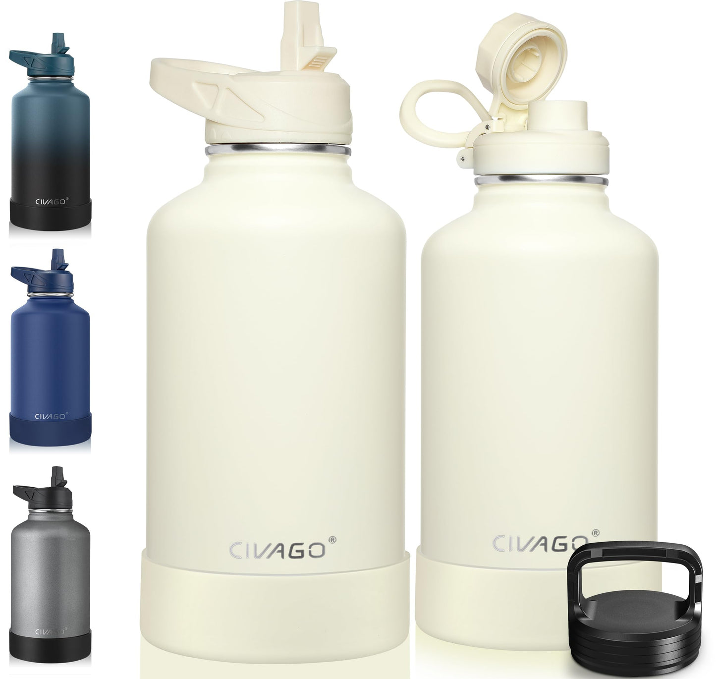 CIVAGO 40 oz Insulated Stainless Steel Water Bottle With Straw and 3 Lids | Large Metal Sports Water Jug, Leakproof Reusable Wide Mouth Thermal Flask Cup with Silicone Boot, BPA-Free, Midnight Black