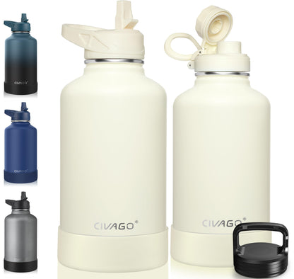 CIVAGO 40 oz Insulated Stainless Steel Water Bottle With Straw and 3 Lids | Large Metal Sports Water Jug, Leakproof Reusable Wide Mouth Thermal Flask Cup with Silicone Boot, BPA-Free, Midnight Black