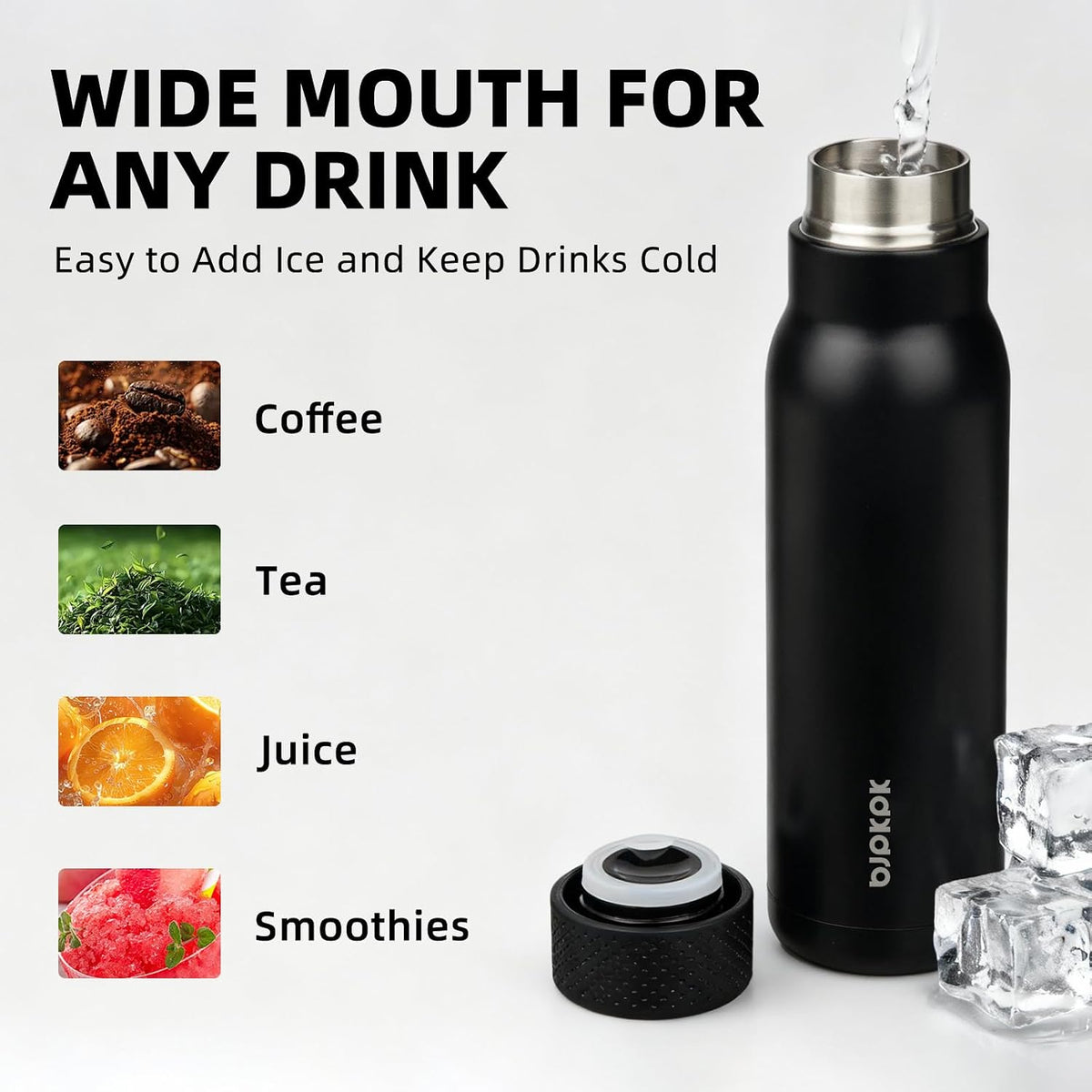 BJPKPK 21 oz Insulated Water Bottle, Leakproof Stainless Steel Flask | Double Wall Vacuum, Keeps Hot/Cold, Metal, BPA Free, Dishwasher Safe, Slim, Cupholder, Narrow, Reusable, Black