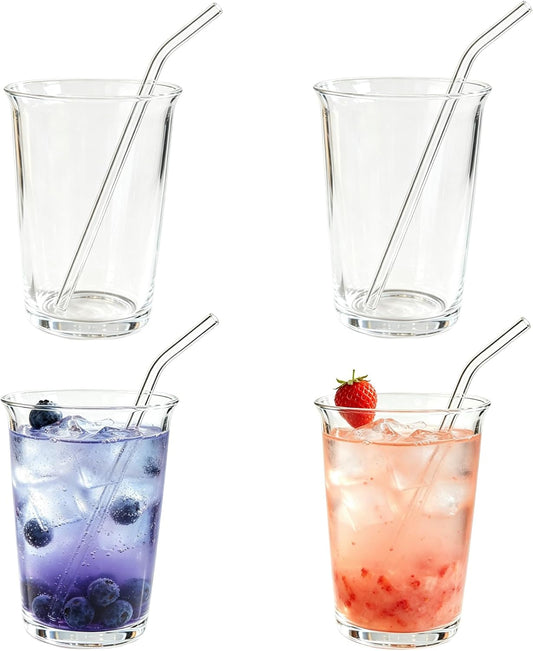 Nihaoya 16oz Clear Glass Cups with Straws, Iced Tea Glasses, Transparent Drinking Glass Cups Set of 4 for Party Coffee Soda Juice