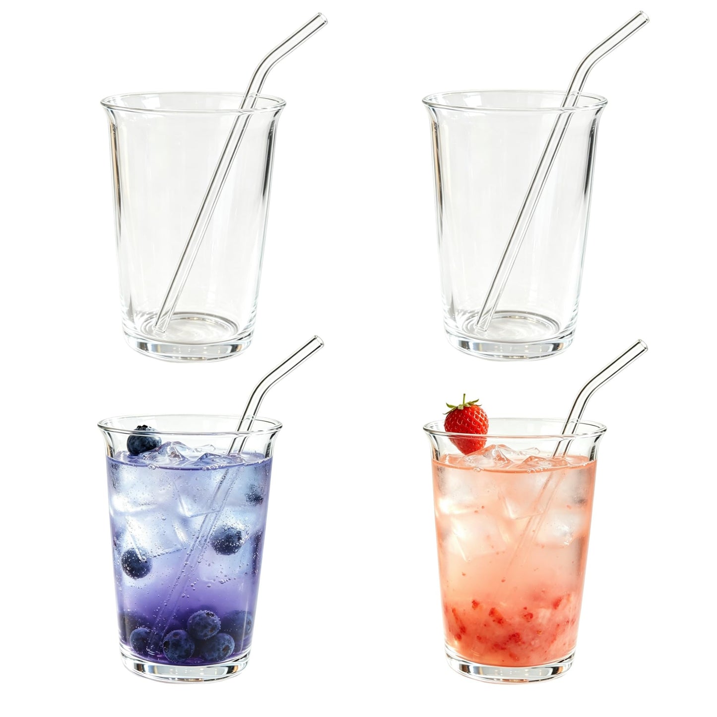 Nihaoya 16oz Clear Glass Cups with Straws, Iced Tea Glasses, Transparent Drinking Glass Cups Set of 4 for Party Coffee Soda Juice