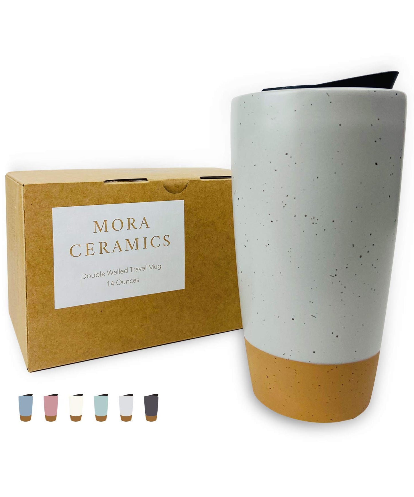 Mora Double Wall Ceramic Coffee Travel Mug with Lid, 14 oz, Portable, Microwave, Dishwasher Safe, Insulated Reusable Tall Cup, Splash Resistant Lid - To Go Tumbler for Car Cup Holder, Nightwaves