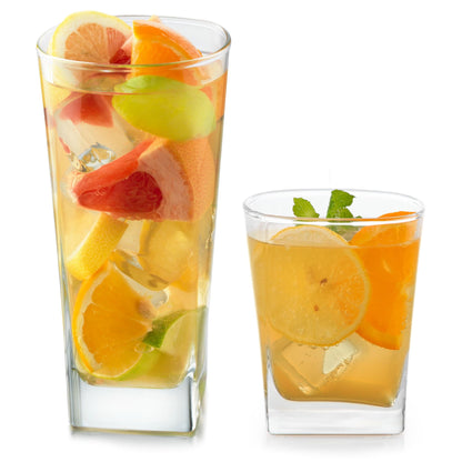 Libbey Ascent Tumbler & Rocks Drinking Glasses Set of 16, Clear Glass Cups | 16.25 oz & 12.25 oz Capacities Glasses for Water, Juice, Cocktails, and More with Curved Design and Dishwasher-Safe Care