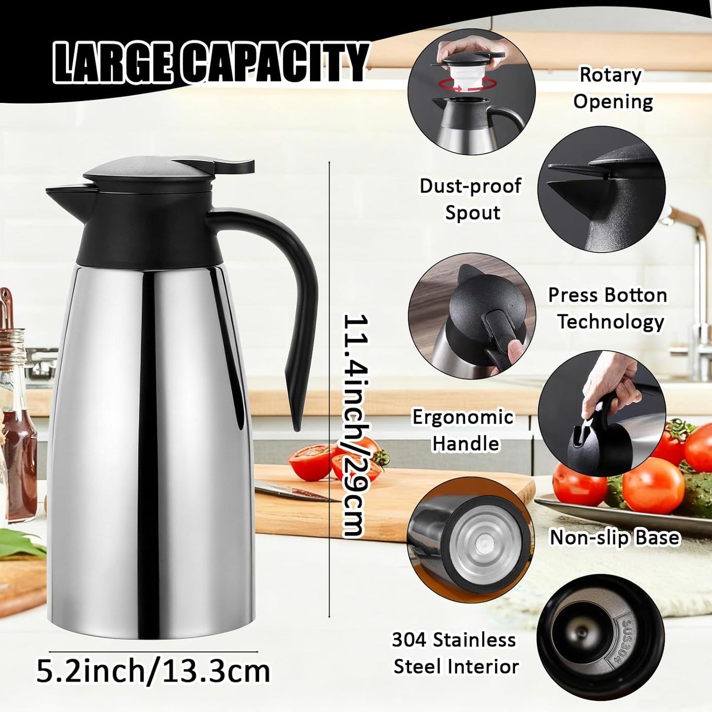 2 PCS 68 OZ Thermal Coffee Carafe Insulated Stainless Steel Pitcher | Double Walled Vacuum Pot Flask Creamer Pitcher Dispenser with Brushes Keeping Hot Water Milk Tea