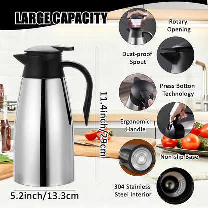 2 PCS 68 OZ Thermal Coffee Carafe Insulated Stainless Steel Pitcher | Double Walled Vacuum Pot Flask Creamer Pitcher Dispenser with Brushes Keeping Hot Water Milk Tea