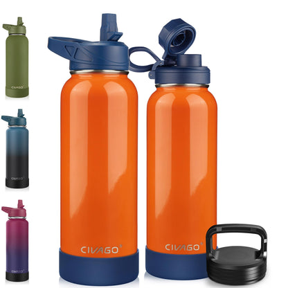 CIVAGO 40 oz Insulated Stainless Steel Water Bottle With Straw and 3 Lids | Large Metal Sports Water Jug, Leakproof Reusable Wide Mouth Thermal Flask Cup with Silicone Boot, BPA-Free, Midnight Black