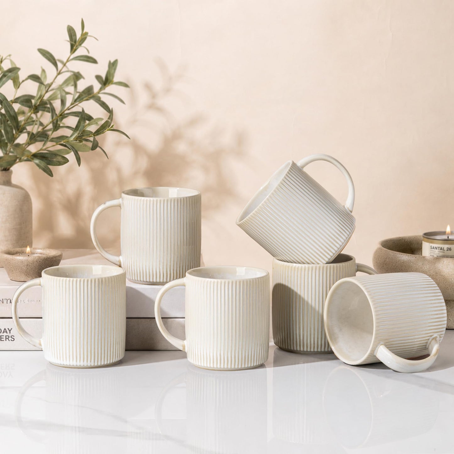 theterra Ceramic Coffee Mugs Set of 6, 14.2 oz Coffee Cups with Handle | Handmade, Suitable for Latte, Tea, Milk, Beer & Hot Cocoa, Cocoa Mocha