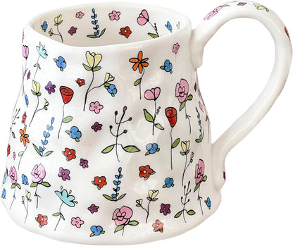 Large Ceramic Coffee Mug Cute Flower with Handmade Big Handle, 20oz Girly Pink Floral Tea Cup for Women Mothers Day, Novelty Irregular Oversized Christmas Mugs for Latte Tea Milk Cocoa