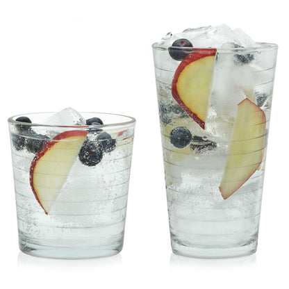 Libbey Ascent Tumbler & Rocks Drinking Glasses Set of 16, Clear Glass Cups | 16.25 oz & 12.25 oz Capacities Glasses for Water, Juice, Cocktails, and More with Curved Design and Dishwasher-Safe Care