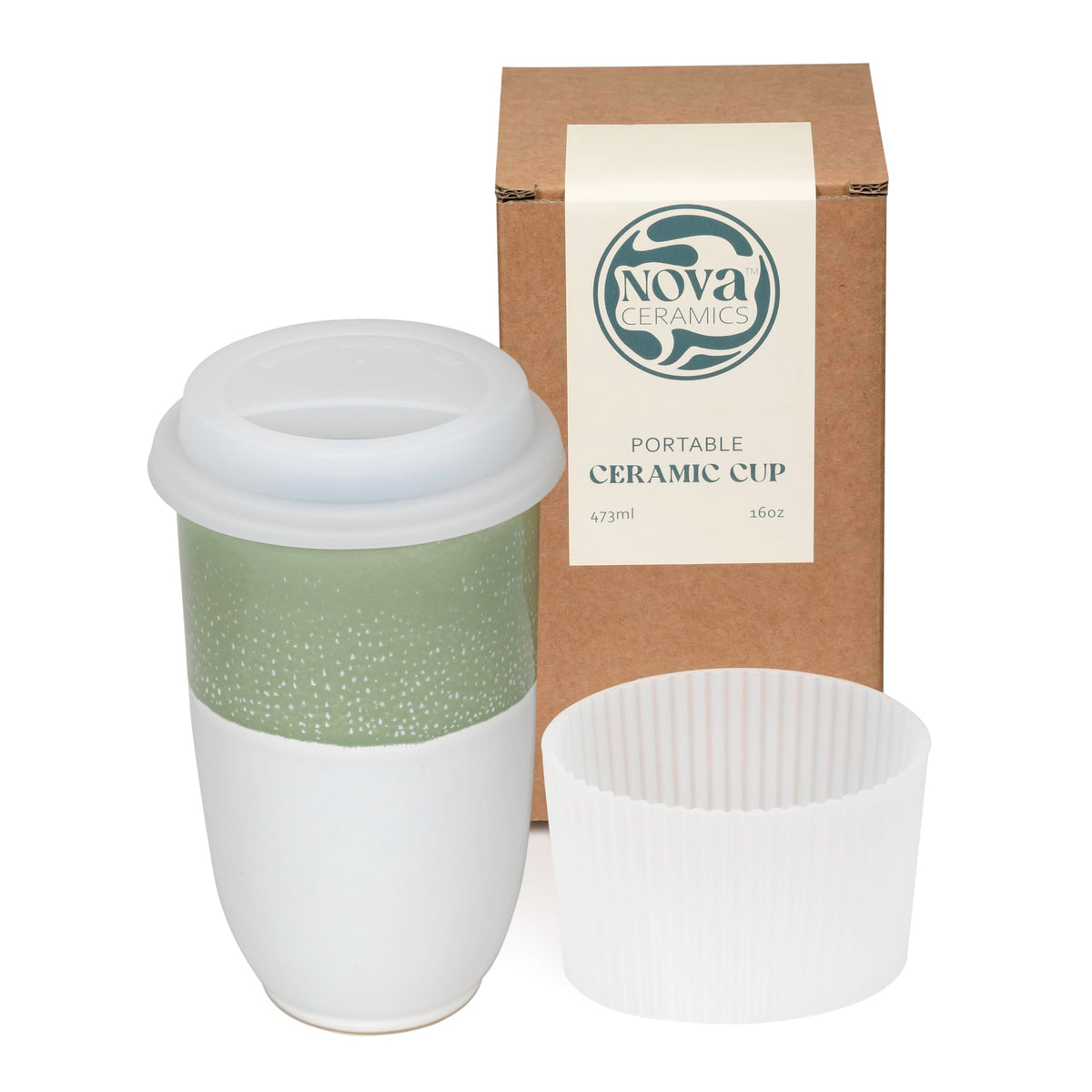 NOVA CERAMICS Travel Mug On the Go Coffee Mug Microwave & Dishwasher Safe Green Tumbler - Gifts For Women Men 16oz Afterglow